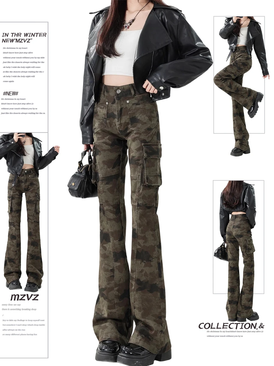 

Winter Women's Flared Jeans High Waist Camouflage Y2k Denim Cargo Pants Baggy Harajuku Japanese Grunge Cyber Punk High Quality