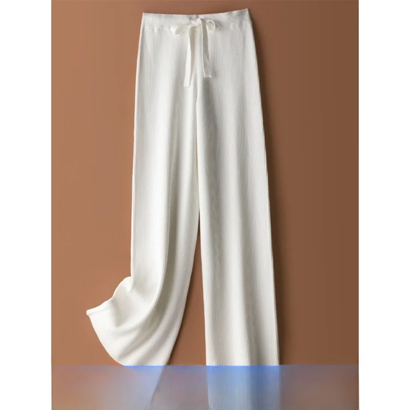 Pantalones de pierna ancha de punto de lana blanca para mujer, pantalones informales holgados elásticos de cintura alta de corte recto para otoño y primavera