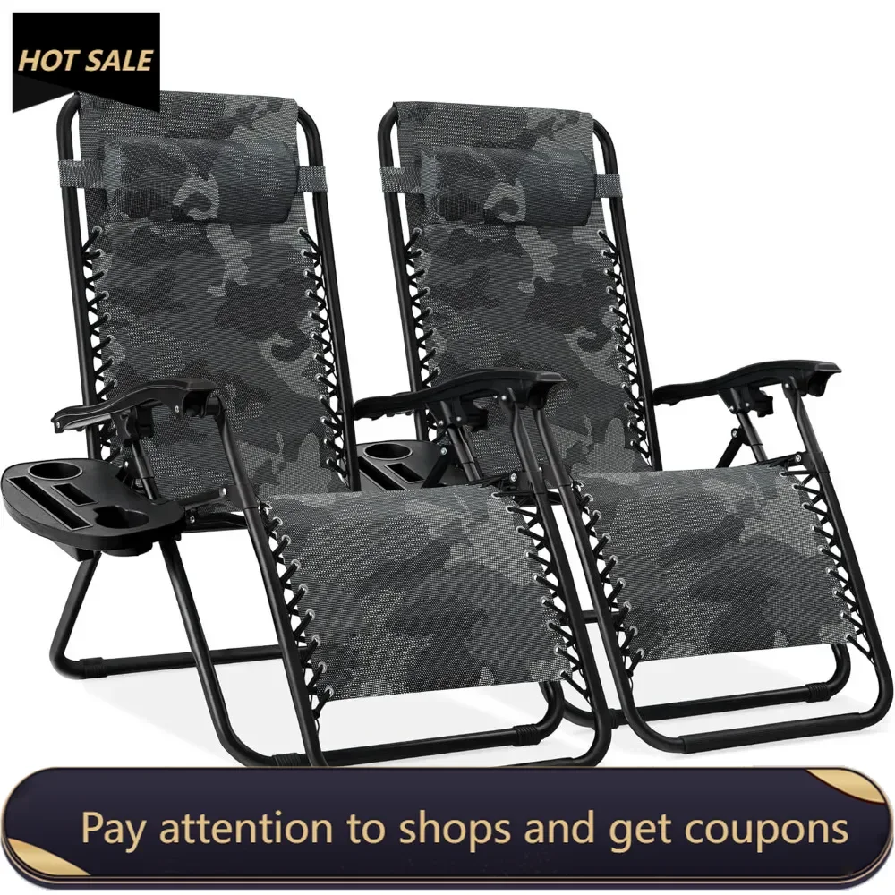 Set of 2 Adjustable Steel Mesh Zero Gravity Lounge Chair Recliners w/Pillows and Cup Holder Trays, Camoflage Freight free