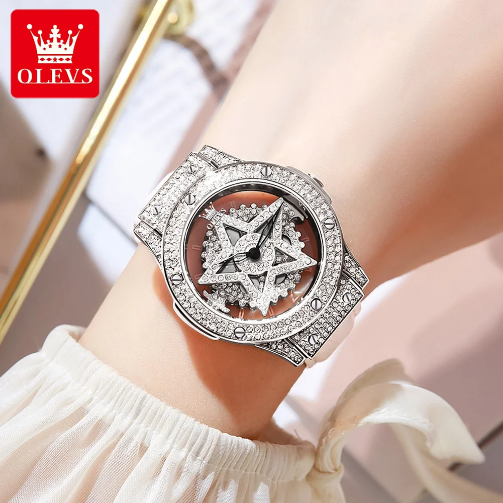 OLEVS Fashion Starry Sky Women Watches Creative Rotate Dial Luxurious Clock Female Quartz Watch Leather Strap Wristwatches mujer