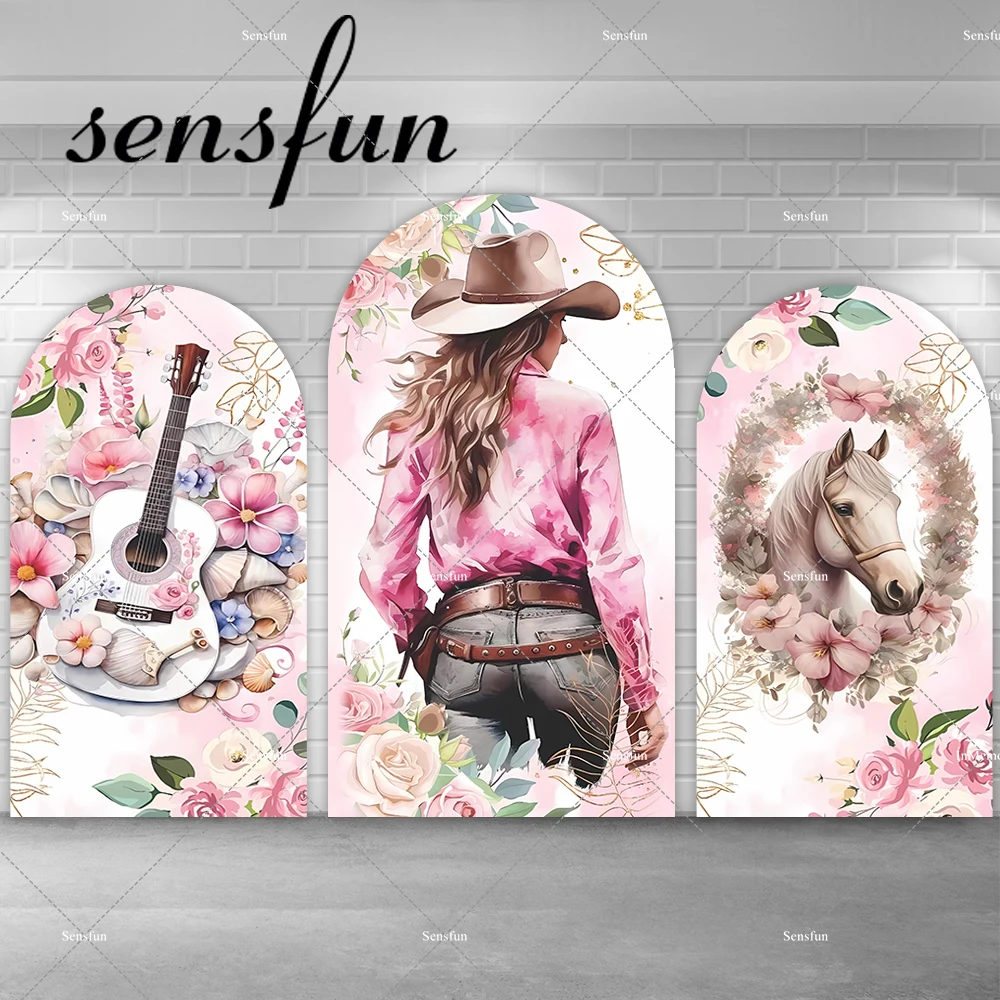 Pink Flowers Cowgirl Horse Chiara Arch Backdrop Cover For Western Girls Birthday Party Decoration Photography Backgrounds