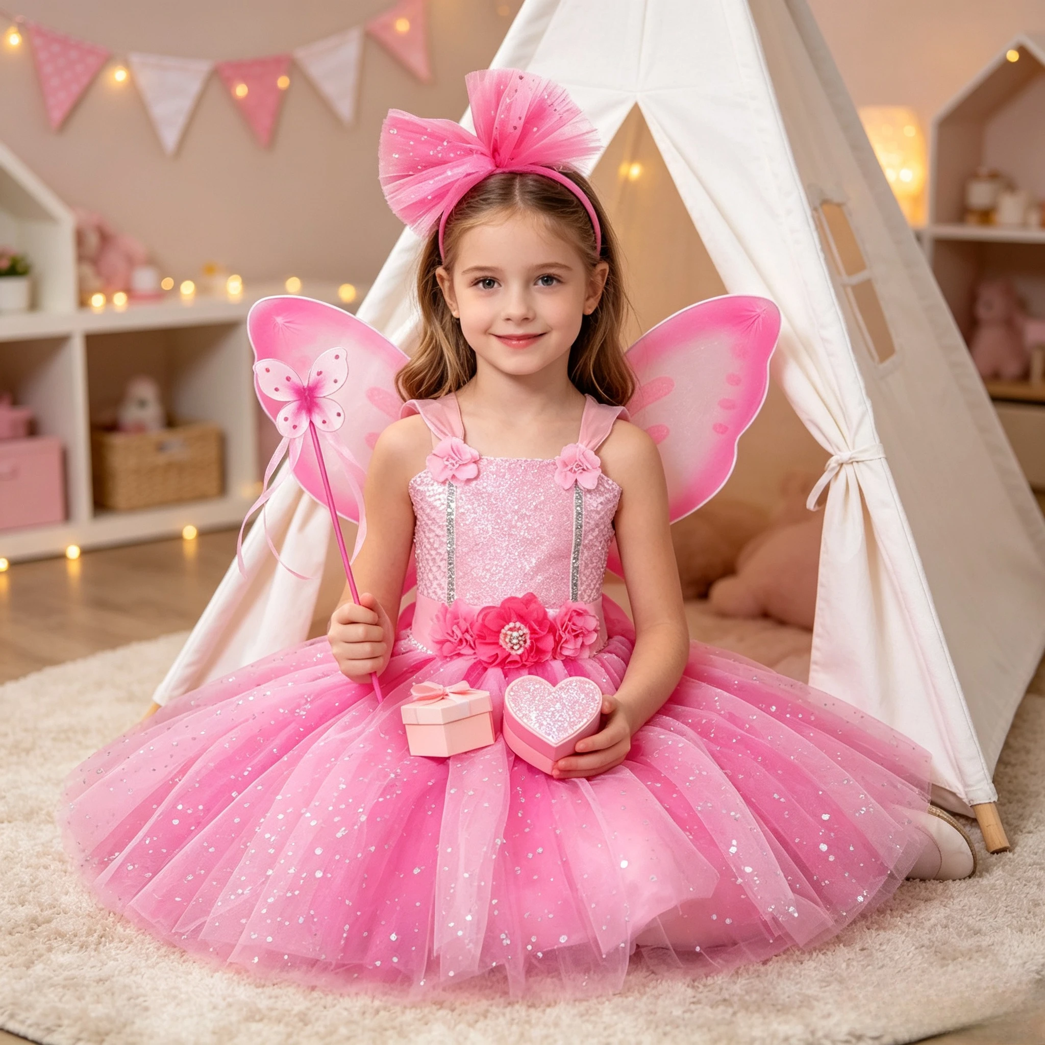 Girls Pink Sequin Butterfly Fairy Princess Mesh Tutu Dress With Flower Decoration Outfit For Halloween Birthday Party Fancy Wear