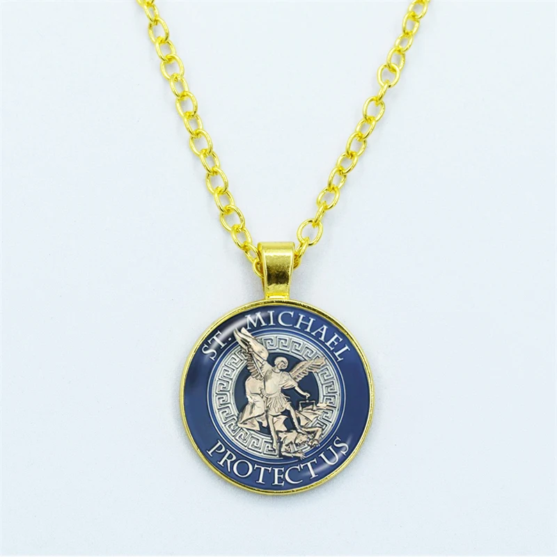 Colar Gem com Pingente de Vidro, Arcanjo São Miguel, Protect Me, Saint Shield, Protection Charm, Russian Orhodox, Joia, 25mm, 1Pc