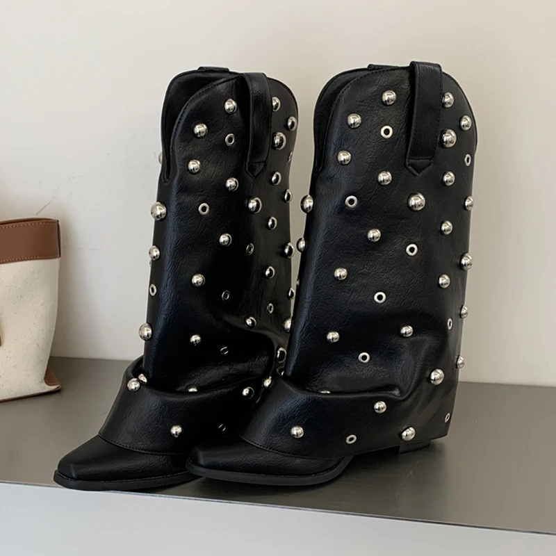 Eilyken 2027 New Winter Vintage Retro Rivet Pleated Women Mid Calf High Boots Pointed Toe Square Heels Designer Botas De Mujer
