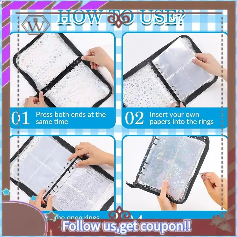 最新の A5 予算バインダーカバー ジッパー付き、グリッタースター A5 6 リングバインダープランナー、クリア PVC 詰め替えノートブックシェル ライトブルー