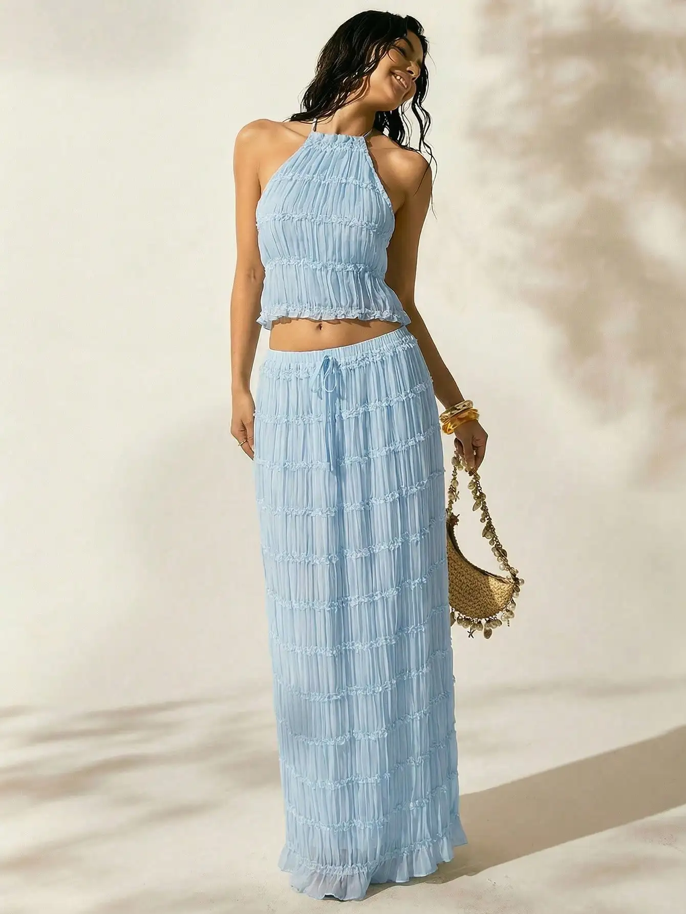 

Women's Halter Backless Two Piece Set Beach Skirt And Top Summer Vacation Outfit