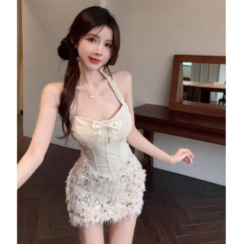 Kobiety w stylu Vintage cekiny kokarda z kryształkami luksusowe eleganckie sukienki imprezowe letnia seksowna Halter bez pleców, bez rękawów Bodycon Club Mini sukienka