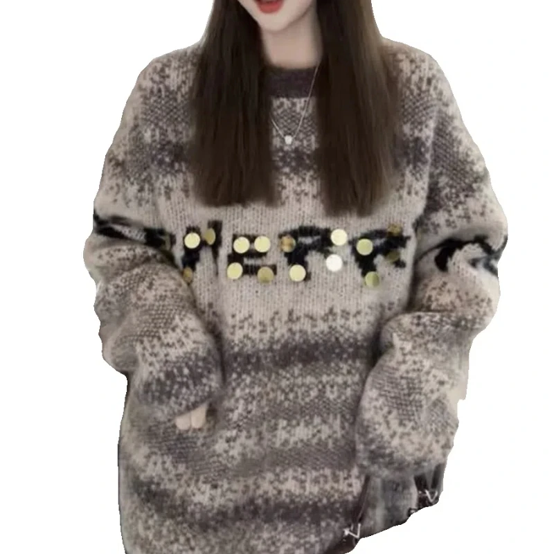 

Новинка 2024, популярные пуловеры, мягкий и ленивый стиль, винтажный с красными блестками, чтобы показать тонкие женские универсальные свитера
