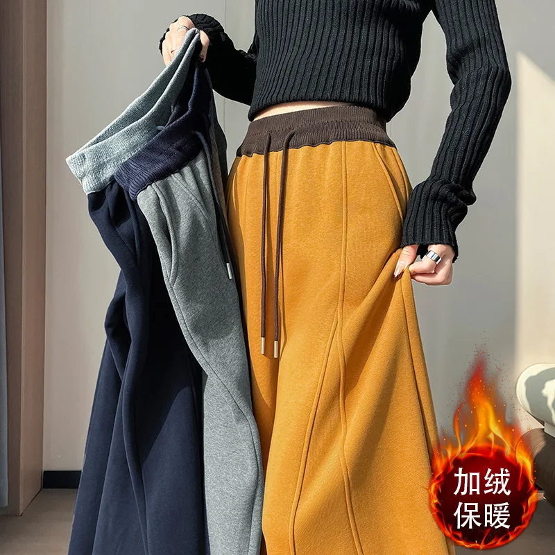 

Autumn Winter New Fleece Lined Thickened High Wait Scimitar Women Color Block Wide Leg