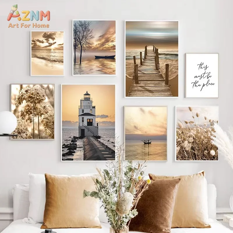 AZNM Neutral Coastal Lighthouse Sunset Beach Canvas Poster, Frameless Boho Seaside Wall Art For Bedroom Living Room Household Wa