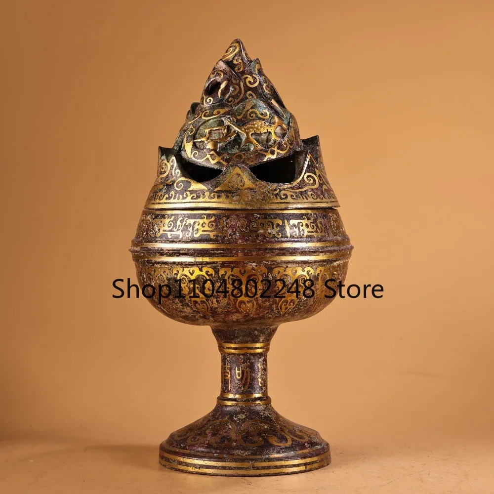 Old Chinese Bronze Censer, Gold Inlaid Boshanlu Incense Burner