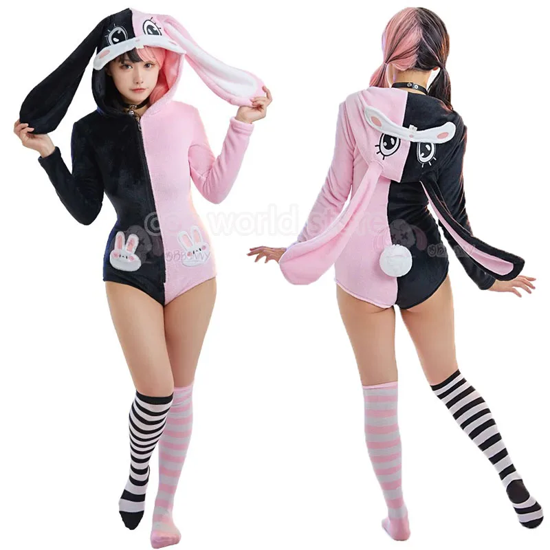 Anime Maid Cosplay Costumes Women Sexy Coral fleece Hooded Bodysuit Socks Suit Bunny Girl Kawaii Plush Pajamas Cartoon Jumpsuit