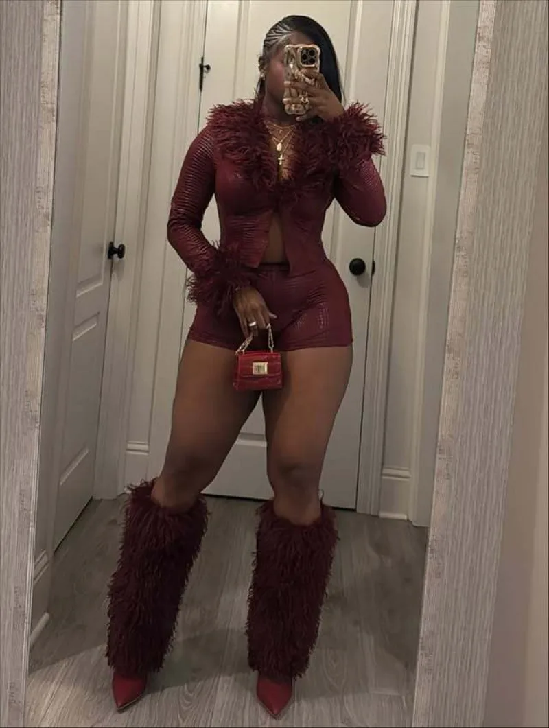 

Furry Patchwork Serpentine Pu Leather 2 Piece Set Women Long Sleeve Open Stitch Jackets Crop Tops + Shorts Fashon Casual Suits