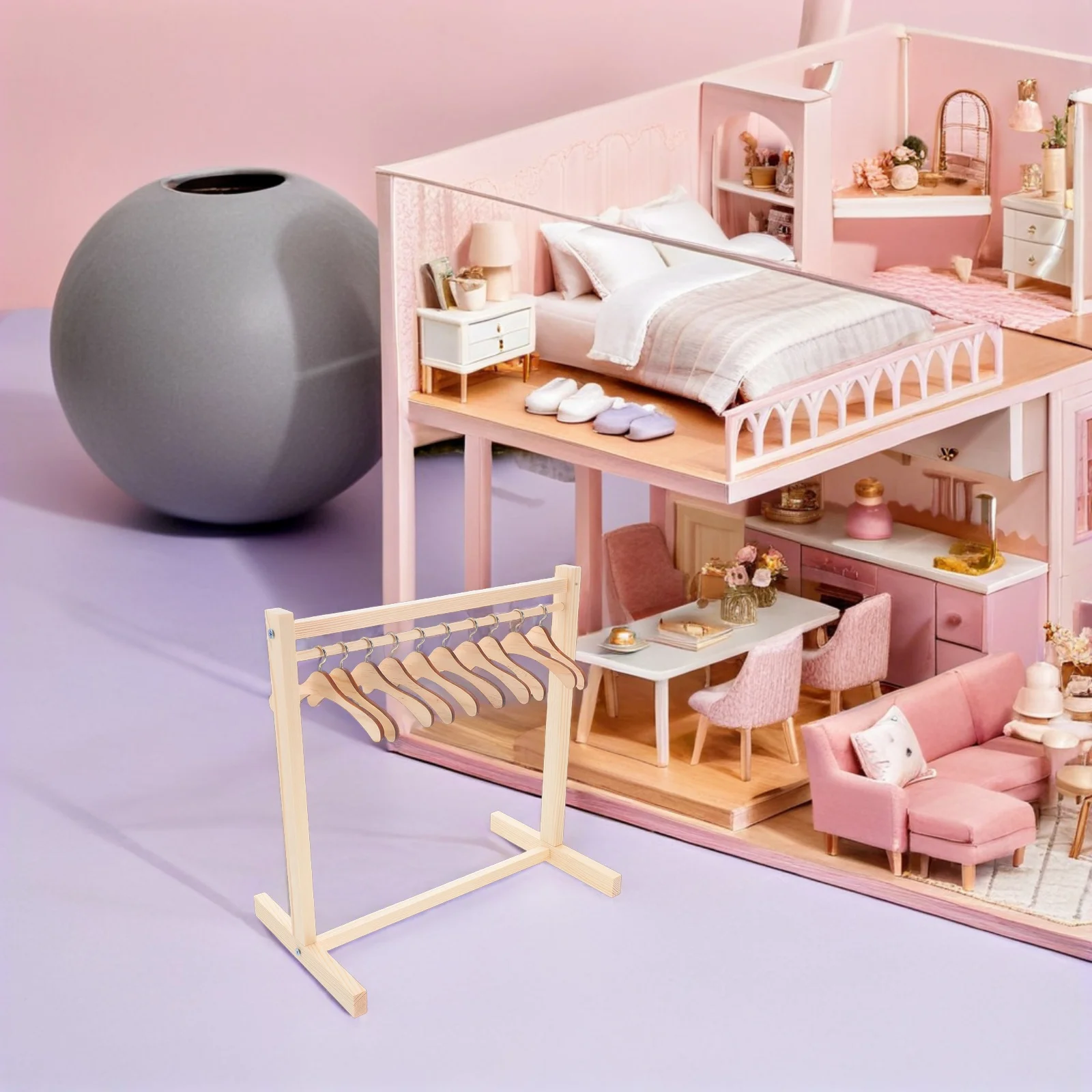 Miniatur-Kleiderständer aus Holz für Puppenhaus, 1 Set, kleiner Kleider-Organizer, Ausstellungsständer, Kleiderbügel, Babyparty-Geschenk
