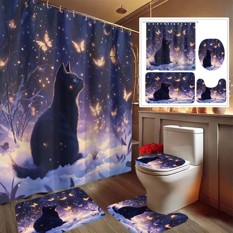 

4pcs Night Snow Cat Butterfly Fantasy Night Print Yudi Set Decoration Bathroom Set Includes Shower Curtain, Non-Slip Floor Mat