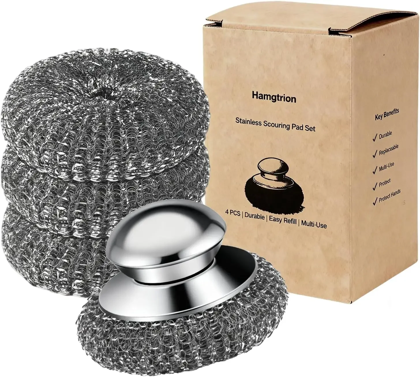 

Stainless Steel Scrubber Pads with Handle – 4-Pack for Tough Cleaning on Cookware, Grill, Oven & Sinks