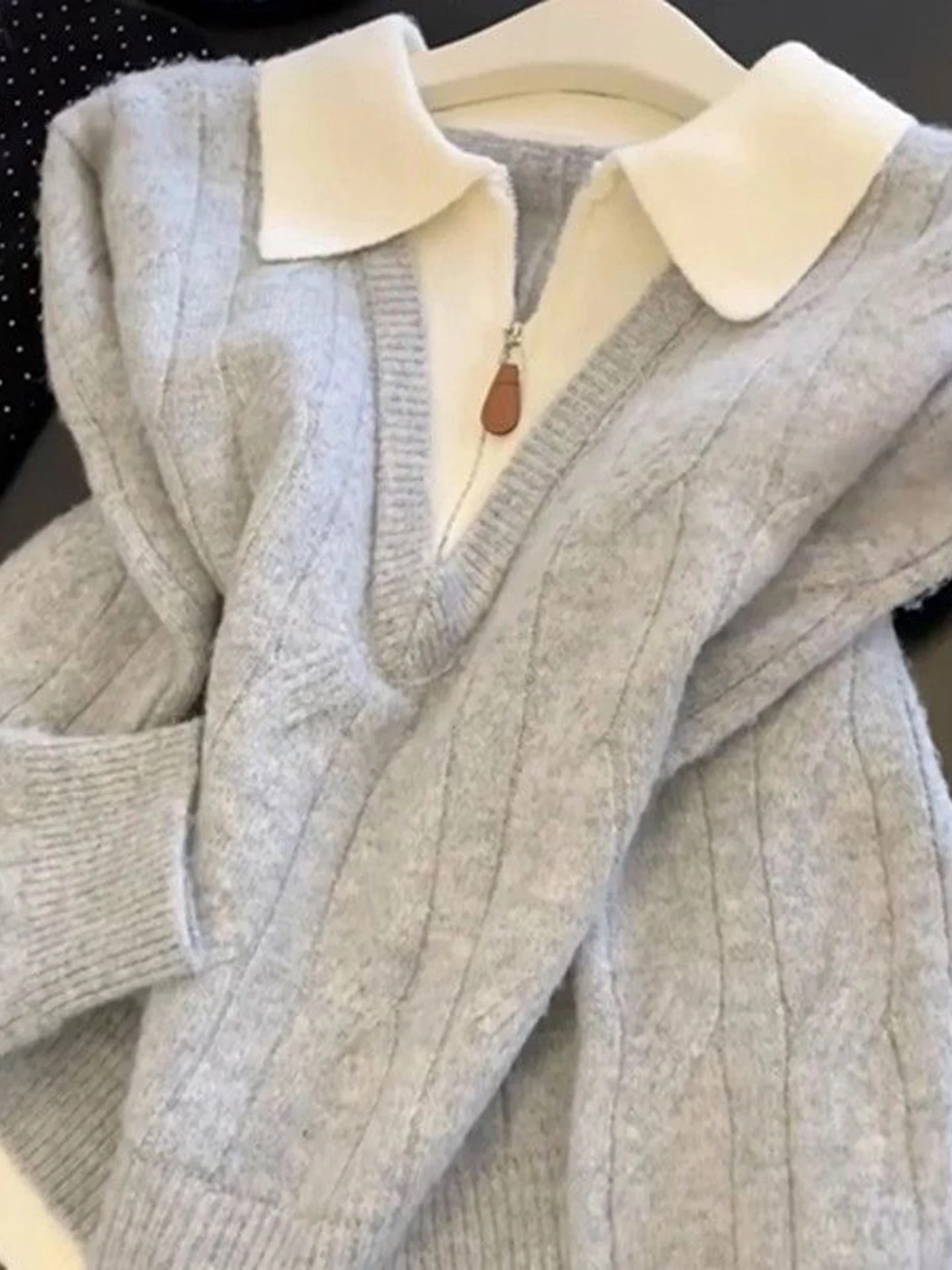 Gray Knitted Sweater with Half Zipper Flip Collar Women's Outerwear Fashionable Autumn New Style Loose Fit Korean Style Commu...