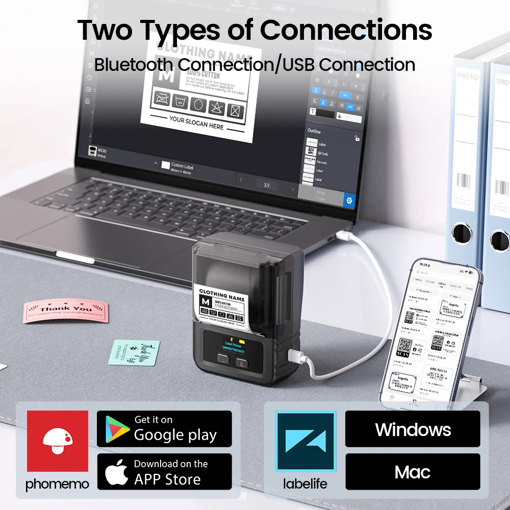 Phomemo M120 Mini Label Printer Thermal Wireless Bluetooth Label Makers 20-50mm Multiple Size Labels DIY for office or home