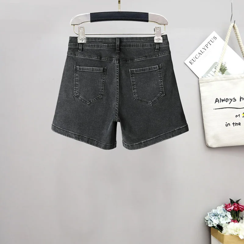 0029 Zomer 6xl Losse Casual Katoenen Denim Shorts Zwart Eenvoudig Dun Ademend Wijde Chique Dubbele Knopen Dames Jean Met Hoge Taille