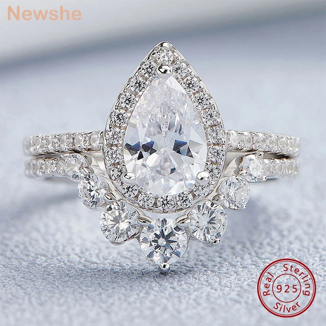 Newshe 2.7Ct Halo Pear Cut 925 Silver Engagement Ring Set for Women Cambered Wedding Band High Grade Cz Luxury Bridal Jewelry
