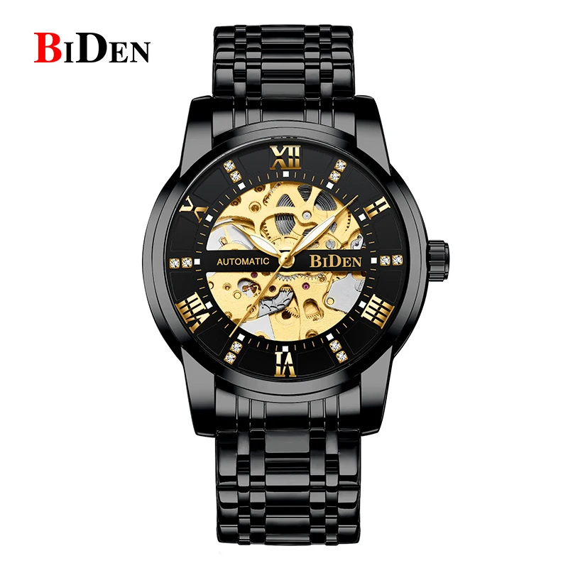 

BIDEN men's watch, classic design, hollowed out automatic mechanical watch, waterproof, luminous, stainless steel strap