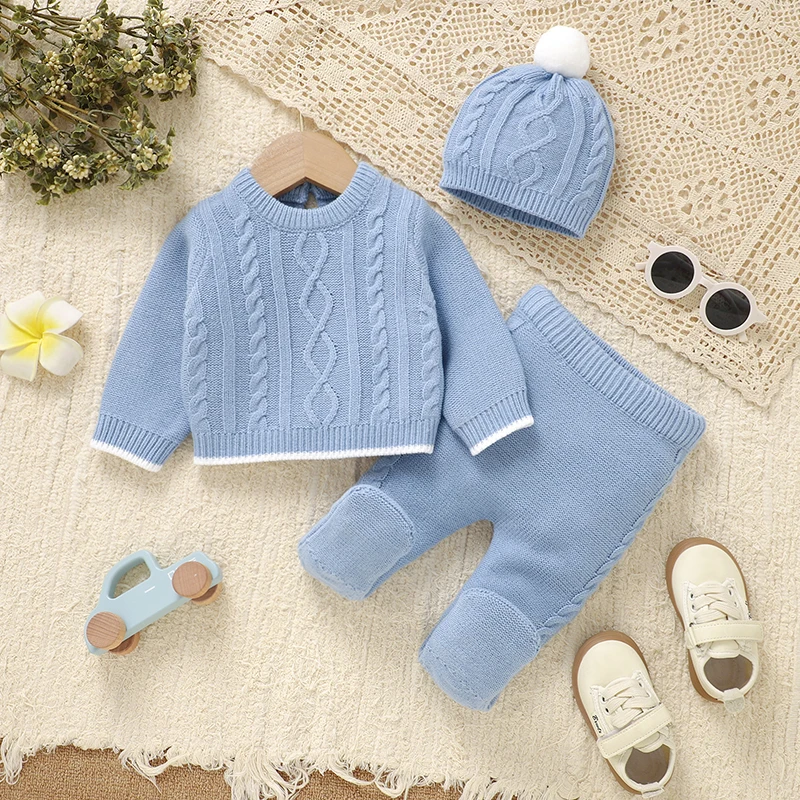 

Синие комплекты одежды для маленьких мальчиков, зимний теплый вязаный свитер для новорожденных, пуловер, топы + штаны + шапки, костюмы, детская одежда из 3 предметов, От 0 до 1 года