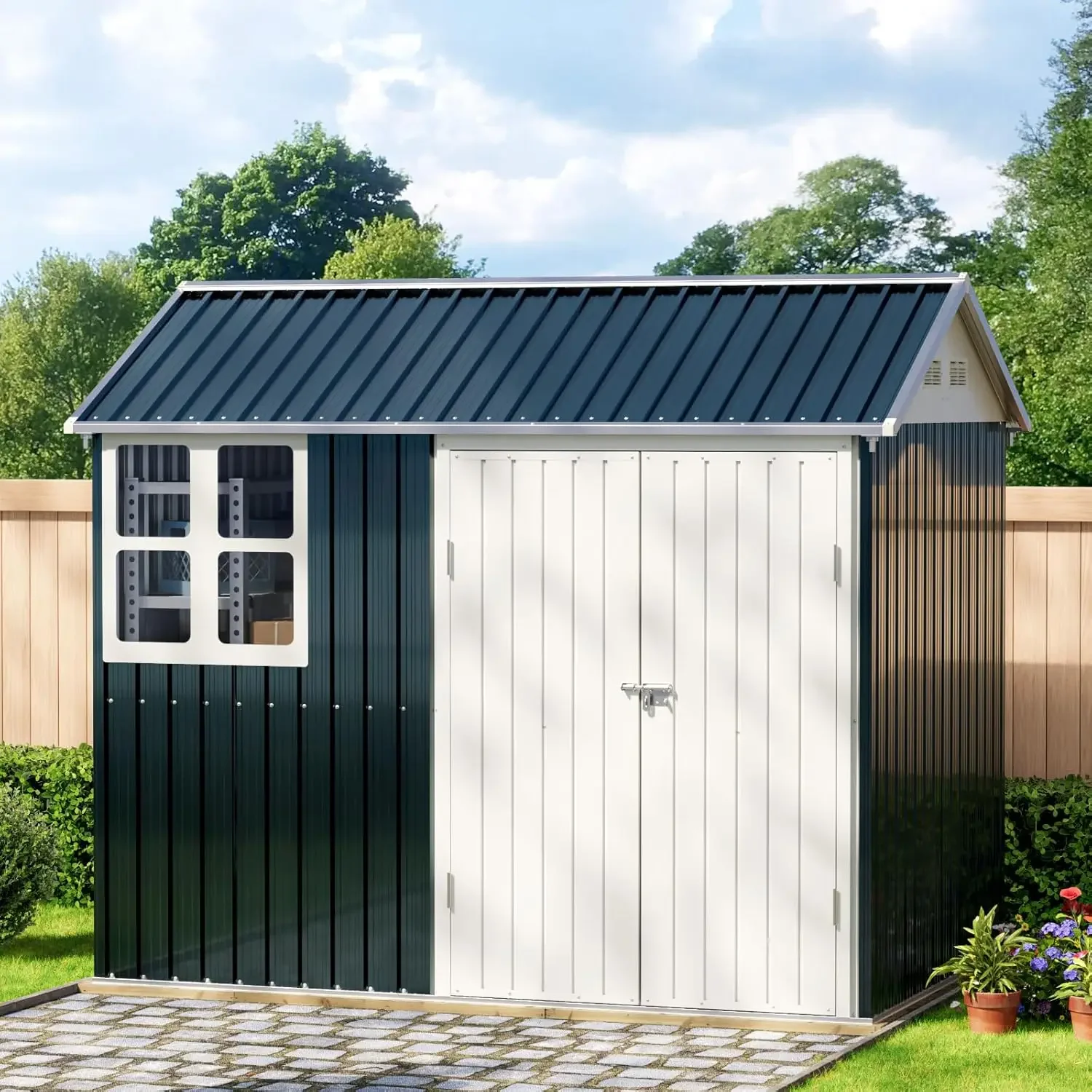 8x6ft Outdoor Steel Storage Shed - Lockable Doors & One Window - Perfect for Garden Backyard Patio Organization