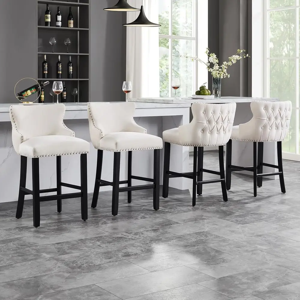 

Набор из 4-х бархатных барных стульев для тафтинга, высота стойки со спинкой, обивка для кухонного острова или столовой, бежевый