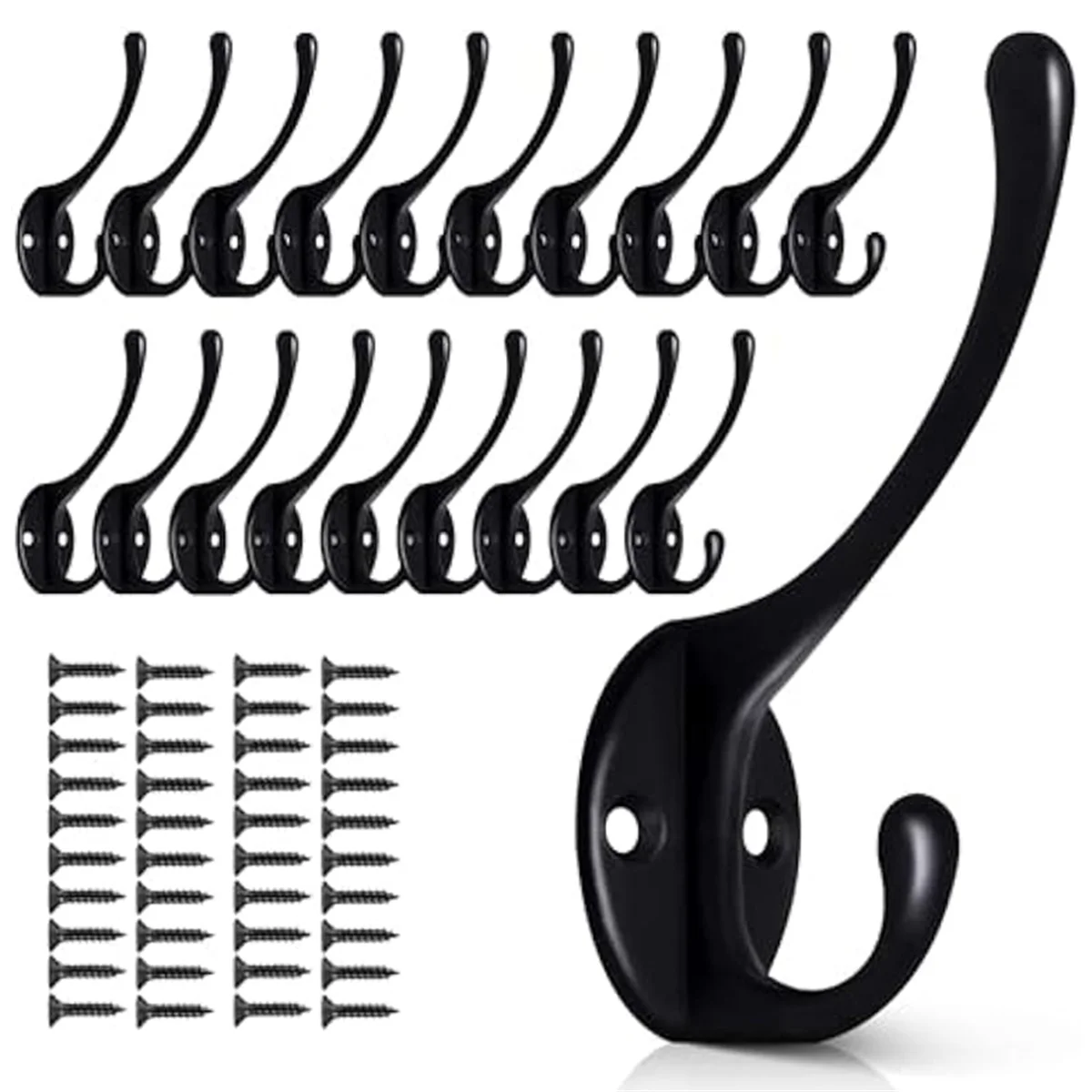 20Pack Black Wall Hooks for Hanging, Metal Coat Hooks Wall Mounted, Retro Double Hooks Heavy Duty Hanger with 40 Screws