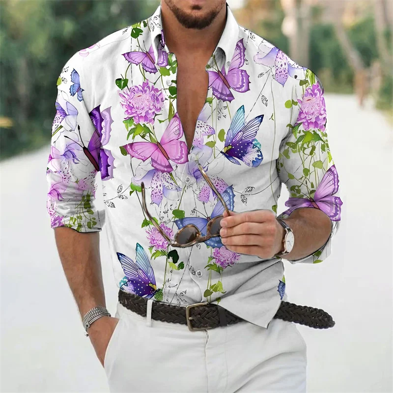 

Spring New Vintage 3D Colorful Florals Printed Long Sleeve Shirts Men Funny Butterflies Graphic Long Sleeves Fashion Blouses Top