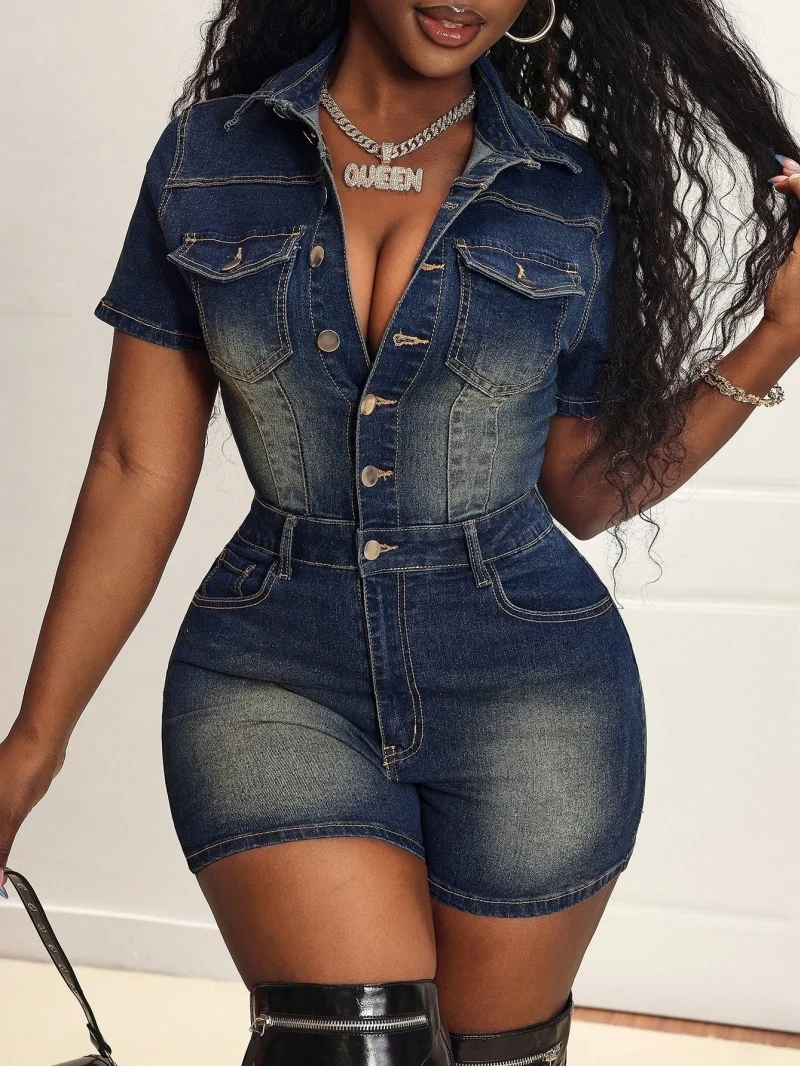 

Streetwear Denim Rompers Playsuits Summer Clothing Women Lapel Neck Button Up Slim Fit Jeans Shorts Jumpsuit One Pieces Overalls