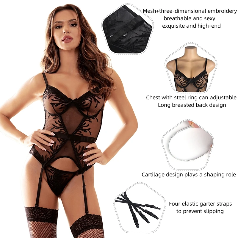 Ohyeahlady Women Nightgown Sets See Through Suspender Lingerie Mesh Sexy Babydoll Nightdress Thin Embroidery Plus Size Sleepwear