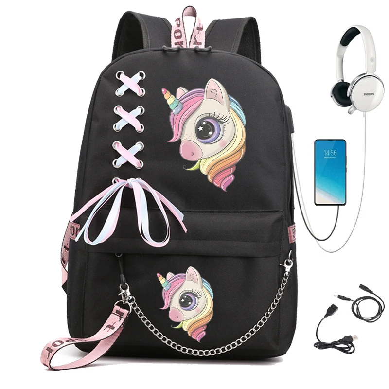 Cartoon Horse Print Anime School Backpack para meninas, Back To School Bag, USB Carregamento Bagpacks para crianças