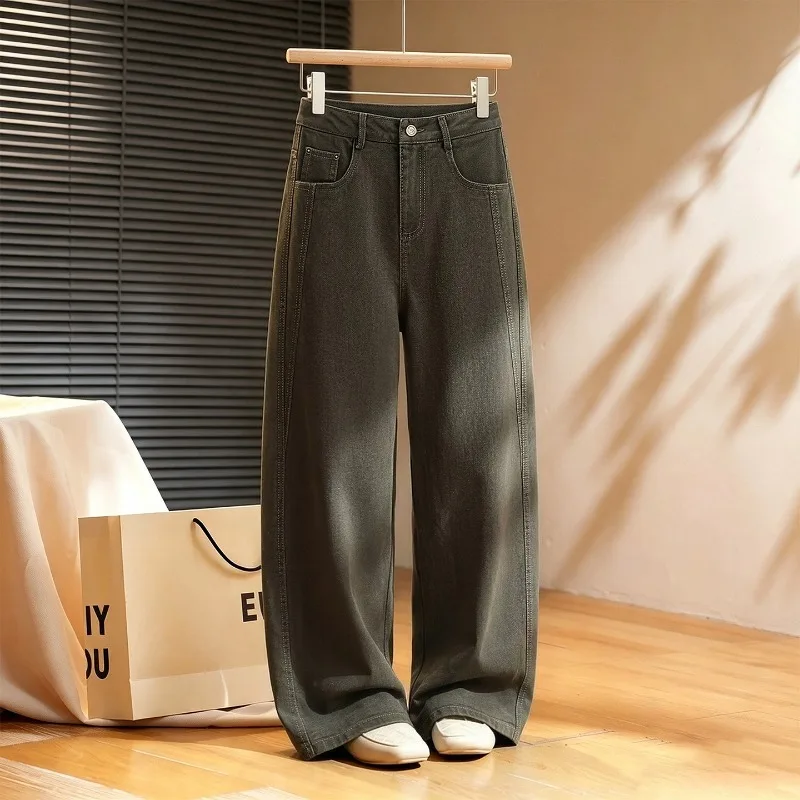 2026 Army Green Coffee Jeans Women's Washed Denim Straight Trousers Autumn Winter High-waist Sickle Wide-leg Pants Casual Jeans