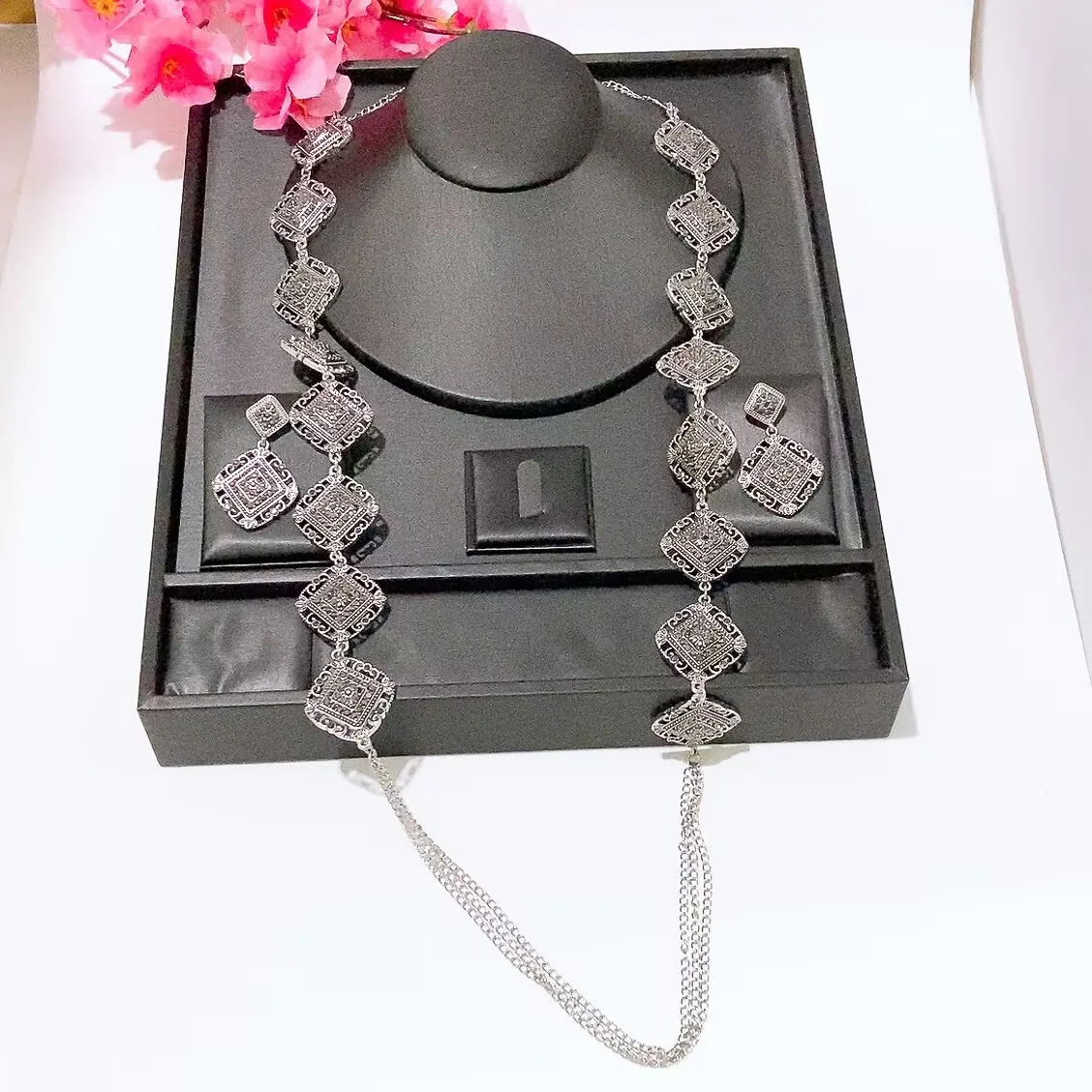 Ethnic Dubai Jewelry Set for Women Gold Plated Hollow Square Long Chain Necklace Drop Earrings Bohemian Party Accessories