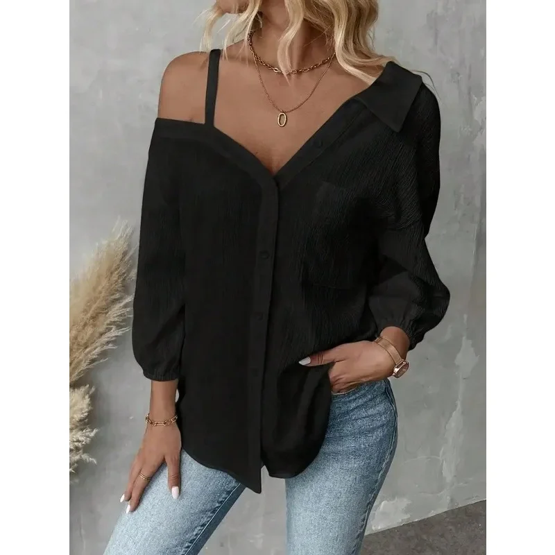 حجم كبير بلوزات النساء قميص أعلى مكتب سيدة واحدة الصدر قبالة الكتف جيب غير المتكافئة الإناث قميص غير رسمي