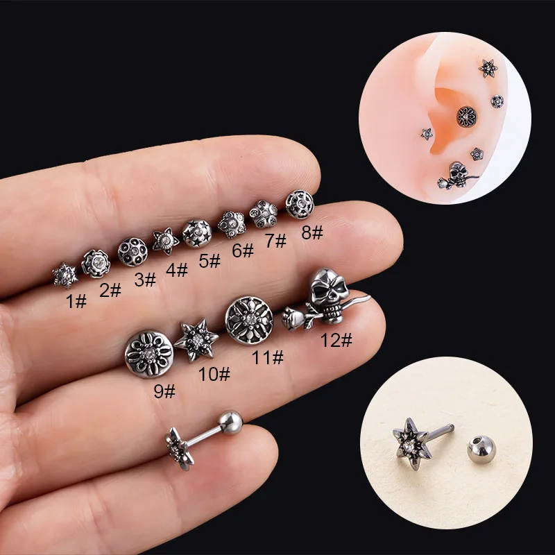 Miqiao1 Pair Stainless Steel Retro Smear Cast Skull Flower Carved Single Head Screw Ear Bone Nails