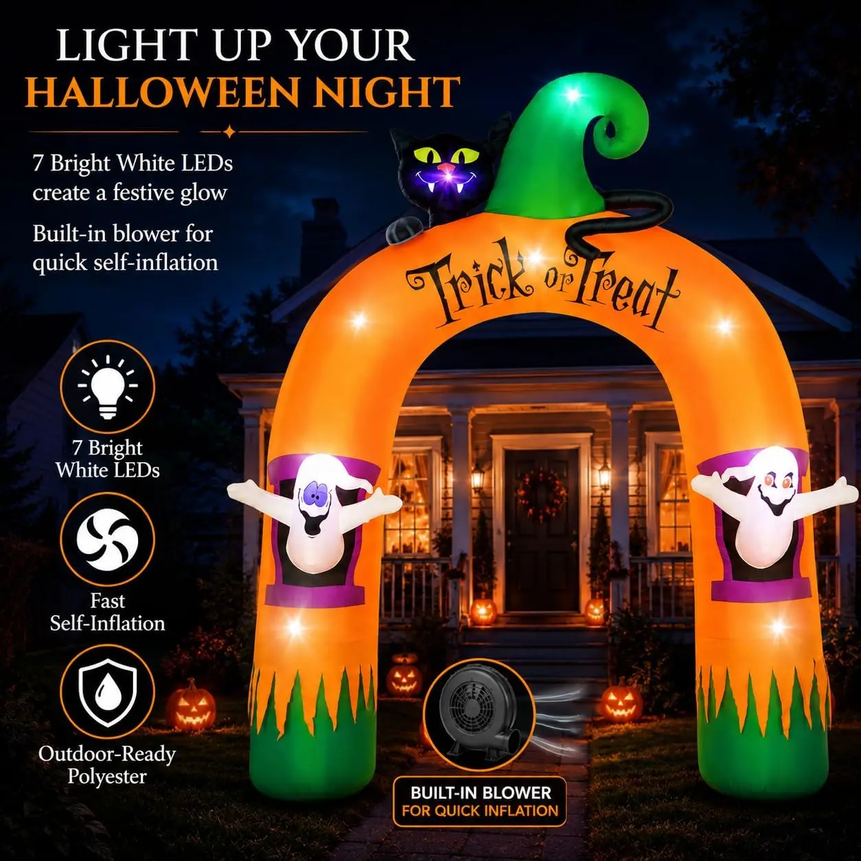 Halloween Inflatable Archway 10Ft with 7 LED Lights, Black Cat & Ghosts Design, Self-Inflating, Weather-Resistant, Foldable Outdoor Yard Decor, Bright Nighttime Glow, Easy Setup, Ideal Lighted Trick-or-Treat Entrance view 4