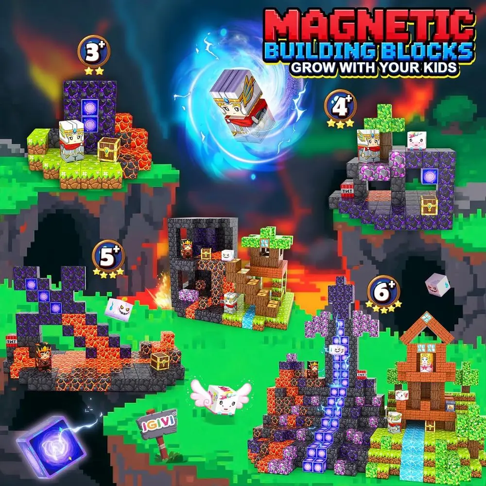 STEM 3D 자석 블록 - 마그월드 숲 용암 세트 (4세 이상 어린이용), 유아용 감각 장난감, 완벽한 생일 선물