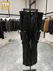Men Shiny Snake Patterned Sheepskin Genuine Leather Stage Show Pants High Street Loose Fit Zipper Pockets Runway Designer Pants