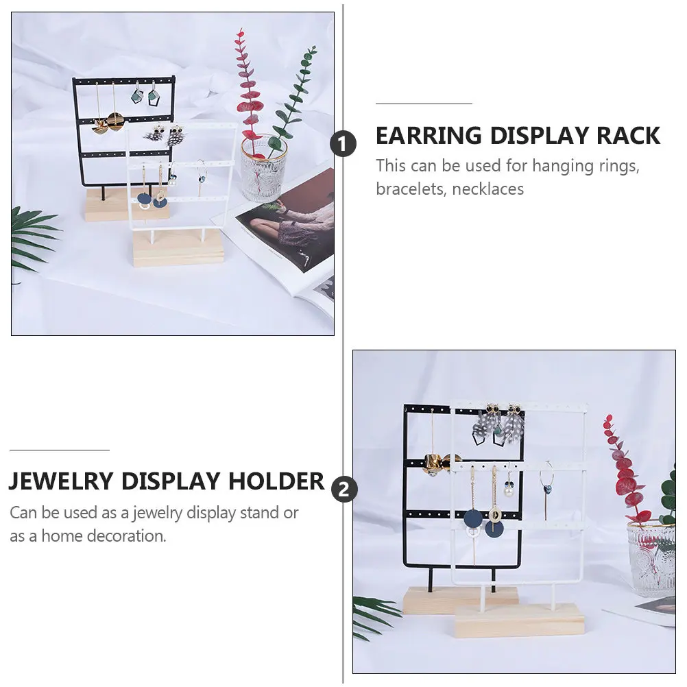

Подставка для украшений (1 шт.): железная подставка для серег и ожерелий с деревянным основанием, трехъярусный органайзер для колец и браслетов, модный дизайн