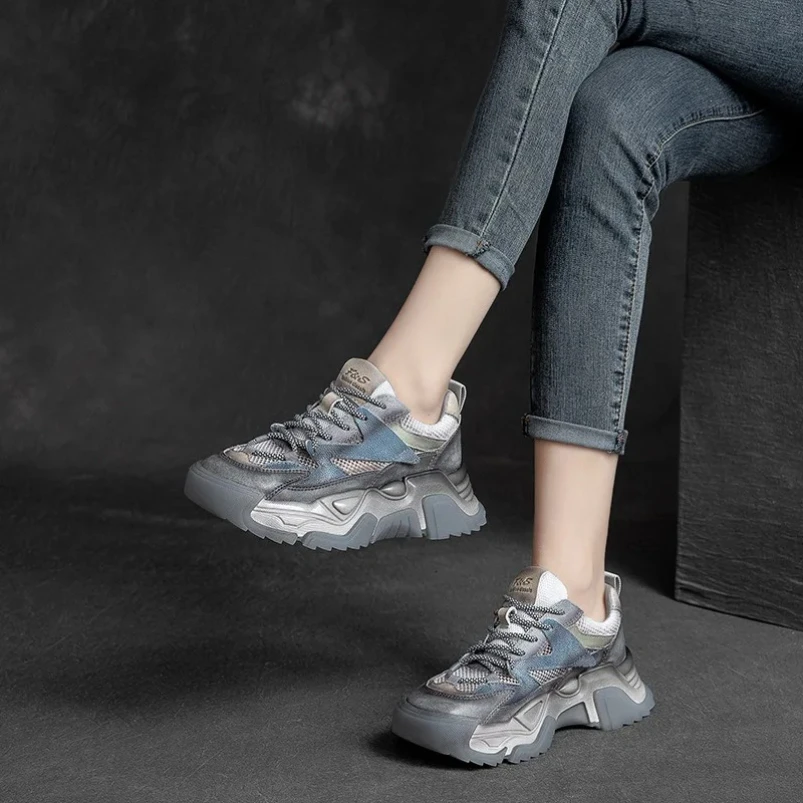 

2025 Leather Patchwork Hollow Out Women Shoes Breathable Student Flats Soft Sole Lace-up Zapatillas Sport Walking Sneakers