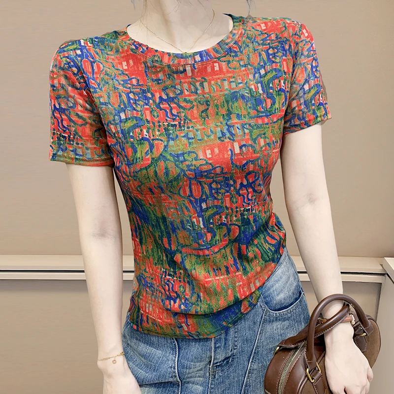 MadBlack-Women's European T-Shirt, Sexy O Neck Geometry Printed, Fashion Short Sleeve Slim Mesh S-3XL Tee, 2025 Summer T56635CC