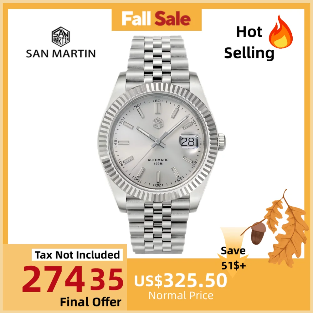 

San Martin 40.5mm Retro Classic Automatic Men Mechanical Watch Business 5-Link Bracelet Sapphire Cyclops Date Swim 10Bar SN0058