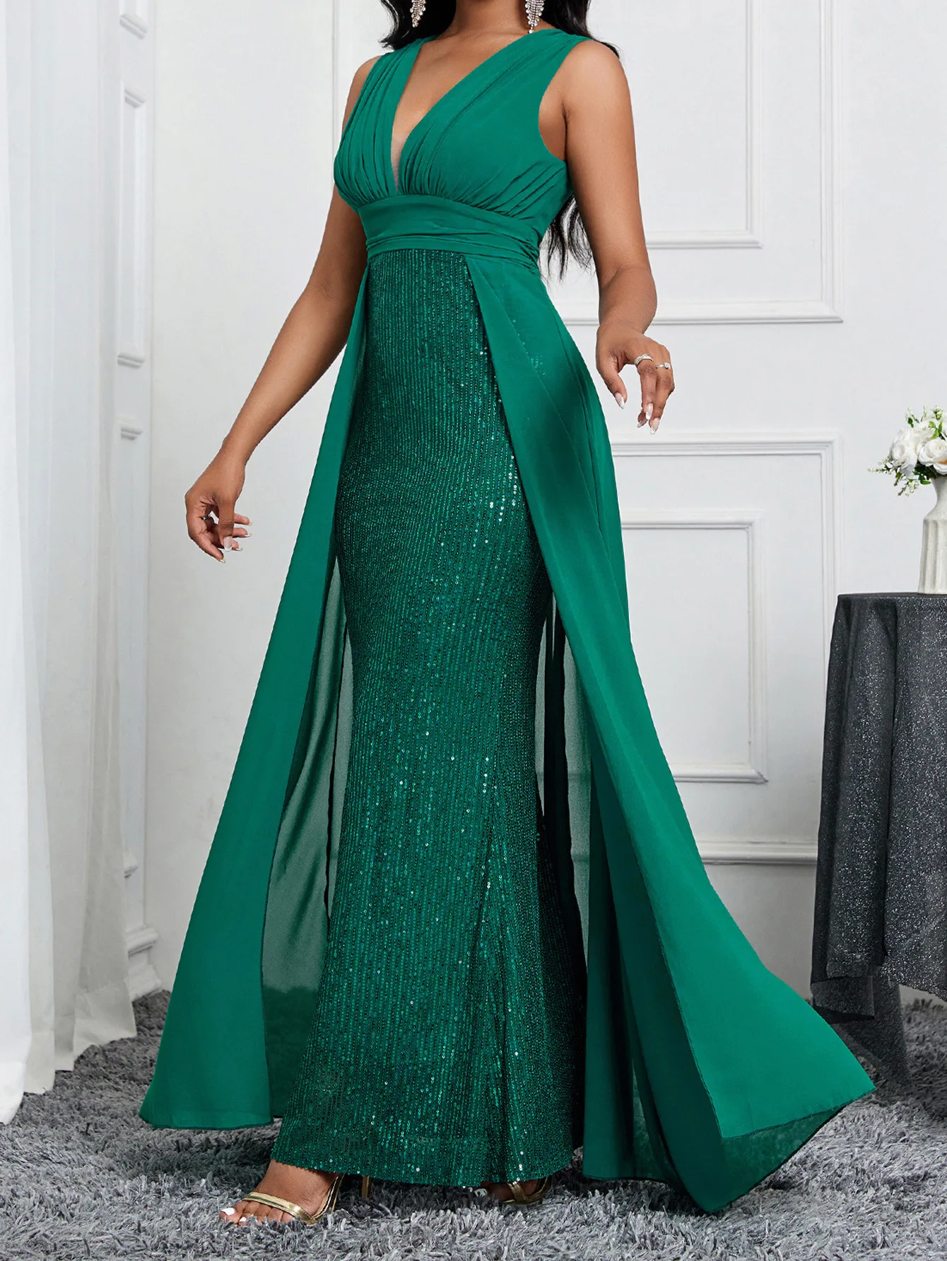 

New Women Sequin Mesh Dresses Embroidery Mermaid Evening Dress Formal Short Sleeve Elegant Party Prom Gowns New Long Dresses