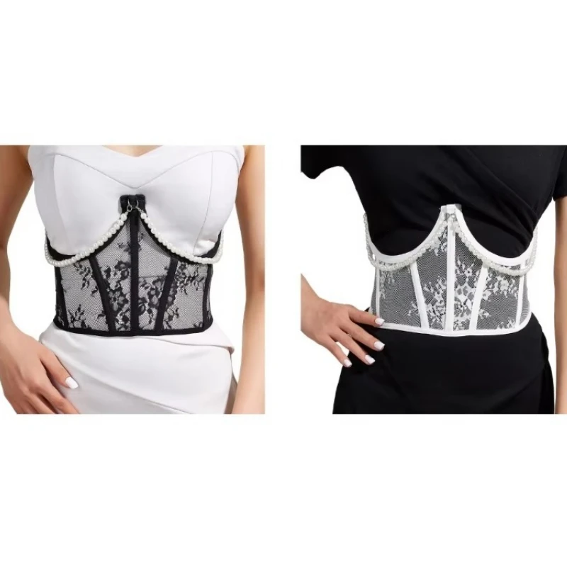 Sheer Lace Waist Corset Teenagers Woman Dangle Pearl Chain Decor Body Shaper Girdle Extender Streetwear Waist Decors