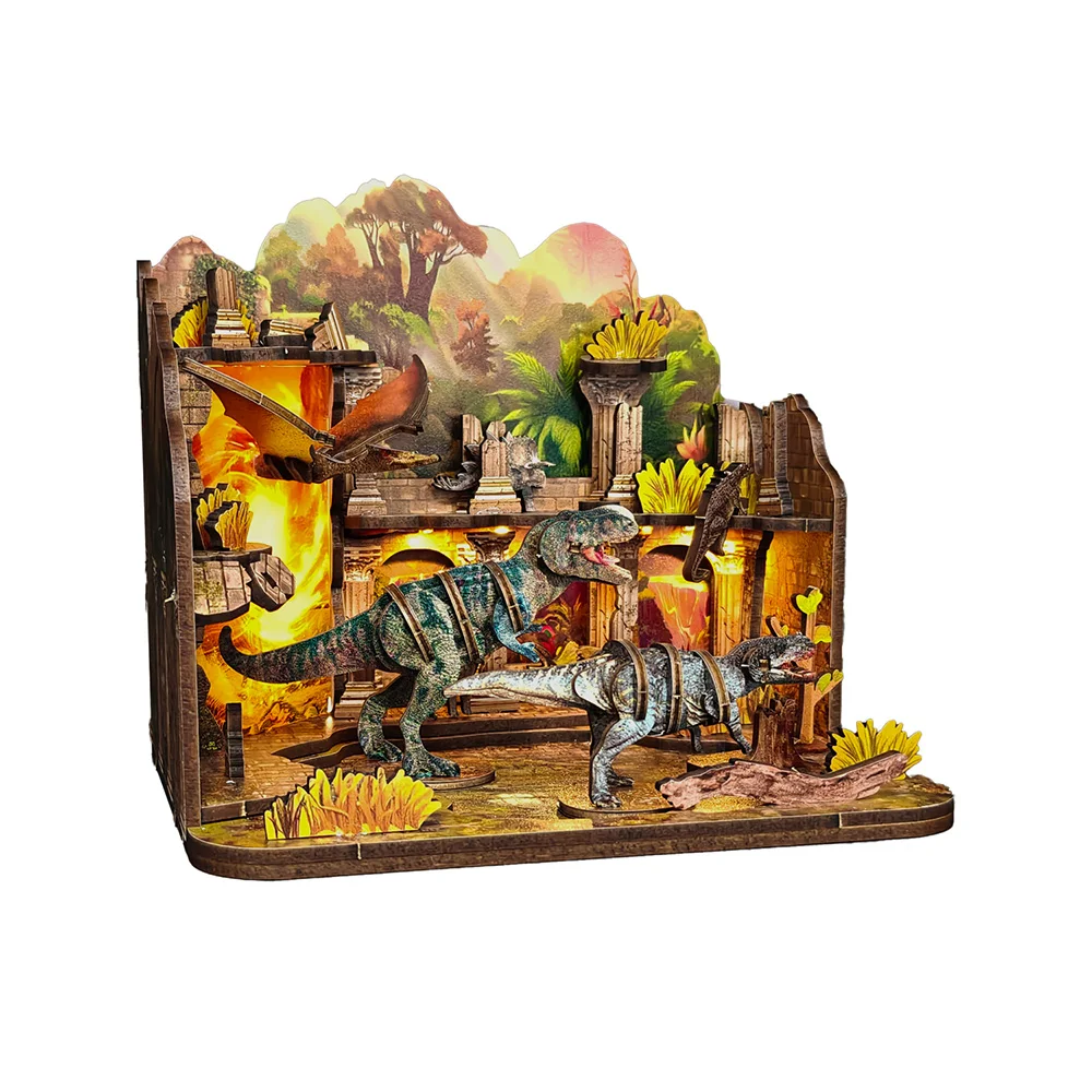 DIY 3D Wooden Puzzle Dinosaur Prehistoric World Diorama Kit Mini Dinosaur Apocalypse Scene Assembly Model Toy
