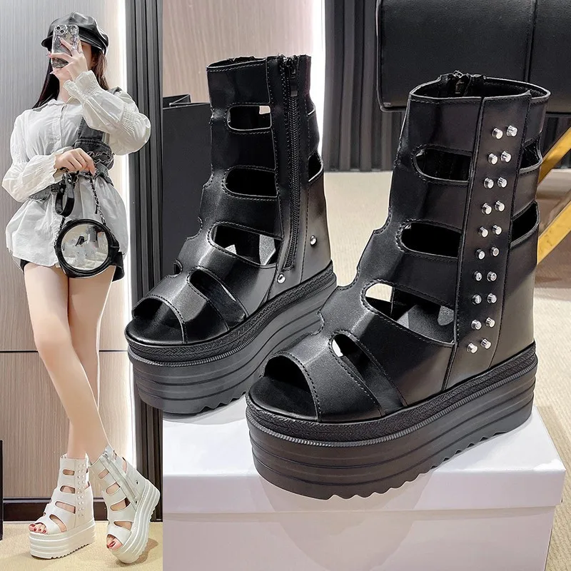 2025 Riveted Wedges Women's Summer Boots Thick-soled Sponge Petite Fish-mouth Roman Shoes Female Side Zipper Increase Sandals