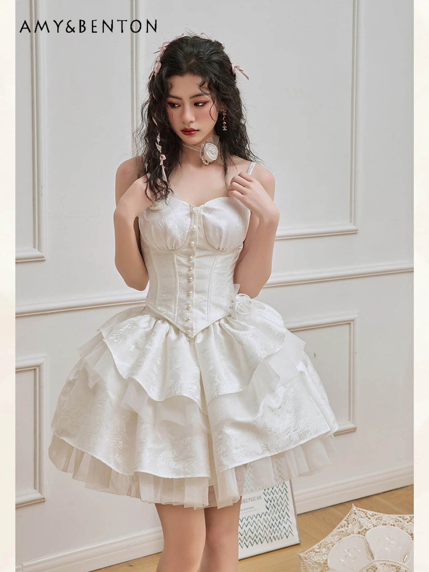 French Elegant Dream Ballet Lolita Skirt Set Sweet Tridimensional Flower Bandeau Sling Top Multi-Layer Mini Skirt Two-Piece Sets