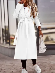 2022 Autumn and Winter Simple Long-sleeved V-neck Straps Extended Solid Color Woolen Coat Top Women Winter Coat